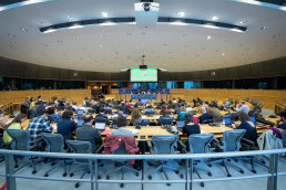 Overview of a conference room inside the European Parliament in Brussels