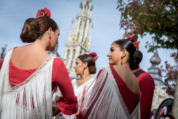 A group of Flamenco dancers prepare to dance on stage at the Groenplaats, Antwerp