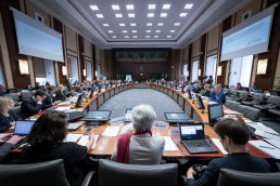 An overview of the meeting room at Palais d'Egmont during the 2018 HELCOM Meeting in Brussels