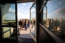 A group of people enjoys on a terrace on a Turkish Cargo event in Brussels