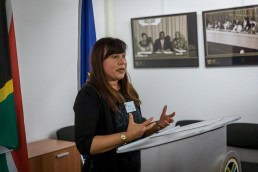 Alison April gives a speech during the Stellenbosch University cocktail at the South African Embassy, Brussels