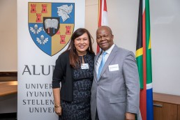 Alison April and Manelisi Genge during the Stellenbosch University cocktail at the South African Embassy, Brussels