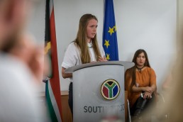 Think Tank student gives a speech during the Stellenbosch University cocktail at the South African Embassy, Brussels