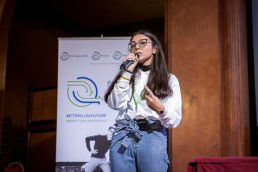 A student girl gives a speech during the Skills for the Future event in Brussels