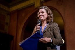 A woman gives a speech during the Skills for the Future event in Brussels