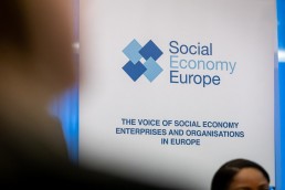 Banner of Social Economy Europe during the Constitutive meeting of the Social Economy Intergroup