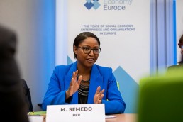 MEP Monica Semedo speaks during the Constitutive meeting of the Social Economy Intergroup