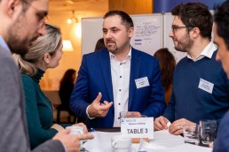 Attendees having a networking conversation during the 2020 Brokerage Event for Innovation Agencies by EURADA