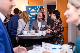 Attendees networking over a coffee during the 2020 Brokerage Event for Innovation Agencies by EURADA