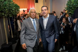 António Costa and Alexis Tsipras walking to the room during the 2019 PES Pre Council in Brussels