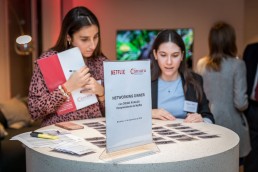 Welcome table with two hostesses during the Netflix Belgium Walking Dinner in Brussels