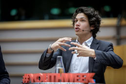 Paolo Rodriguez, social media influencer, speaks at the EU Parliament during the European Youth Week