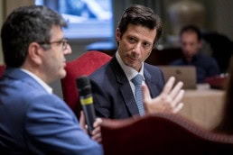 Samuel Cohen Solal moderating a discussion panel during the Sweetwood Capital annual meeting in Brussels