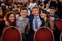 A group a students poses for a picture during the Skills for the Future event in Brussels