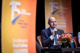 A man gives a presentation during the 2019 Excellence in Road Safety Awards in Brussels