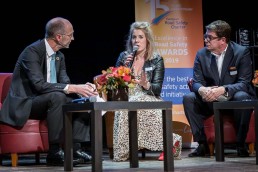 A woman awardee is interviewed during the 2019 Excellence in Road Safety Awards in Brussels