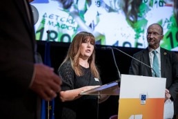 A woman talks about her team during the 2019 Excellence in Road Safety Awards in Brussels