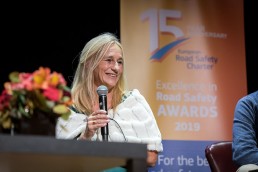 A woman smiles during an interview at the 2019 Excellence in Road Safety Awards in Brussels