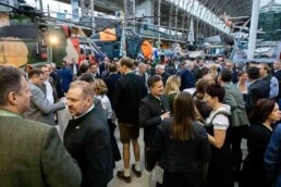 People gathered at the Royal Museum of Armed Forces in Brussels for the Oktoberfest Brussels 2025