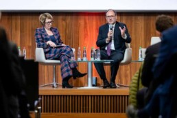 Nathalie Martin-Hübner and Andreas Schwarz sitting together during a discussion panel during the Industrial Single Market event organized by Bosch in Brussels