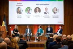 A discussion panel with five different people during the Industrial Single Market event organized by Bosch in Brussels