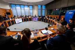 A wide view of an European Parliament room with attendees during the 2025 Epilepsy and Rare Diseases Conference at the European Parliament in Brussels