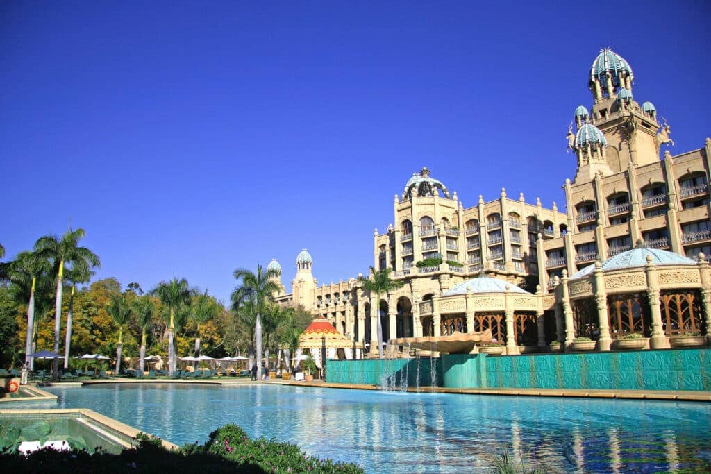 View overlooking the main swimming pool to The Palace at Sun City, South Africa."