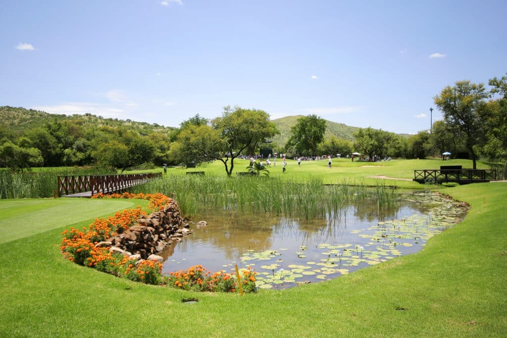 A panoramic view of this picturesque hole at The Gary Player Golf Course at Sun City, Bophutatswana, South Africa.