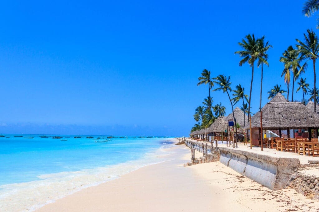 View of tropical sandy Nungwi beach in Zanzibar, Tanzania.