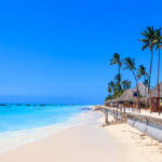 View of tropical sandy Nungwi beach in Zanzibar, Tanzania.