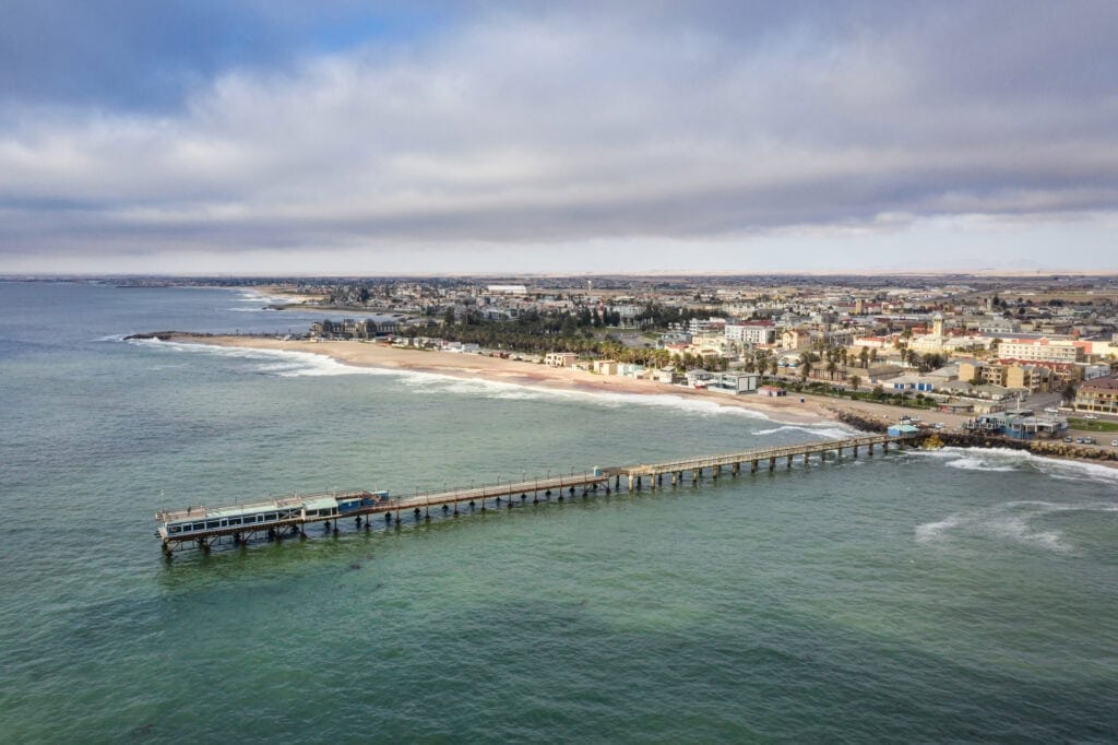 Aerial Drone View of the famous Swakopmund Jetty Bridge, Namibia. Photo: Getty Images