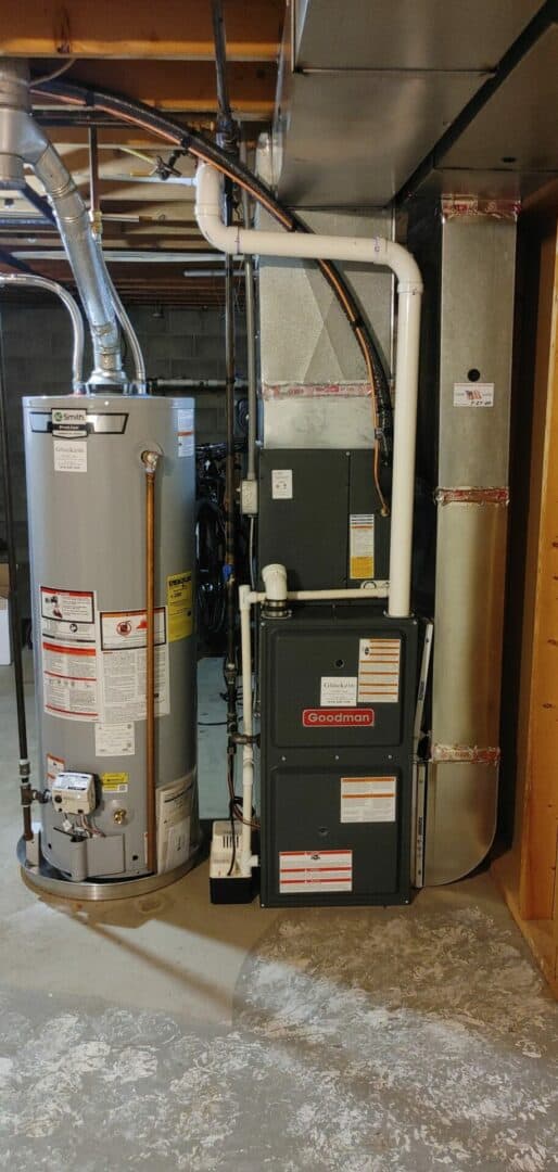 HVAC boiler and furnace system installed in a basement.