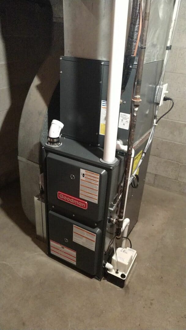 HVAC furnace and equipment installed in a basement or utility room.