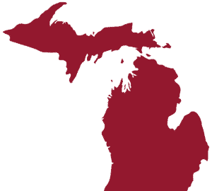 Map of Michigan and surrounding Great Lakes regions in maroon color.