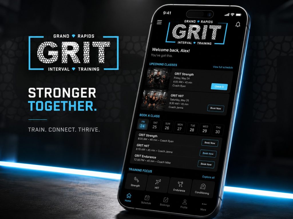 Mobile app screen showing class schedule and training options at Grit Pilates and Yoga.