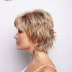 Blonde layered short wig from Hidden Secrets Wigs, side profile view.