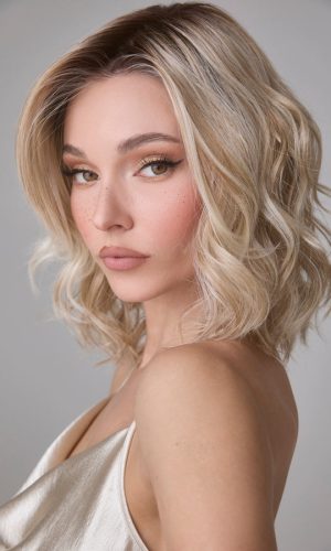 Blonde wavy bob wig styled on a woman with natural makeup.