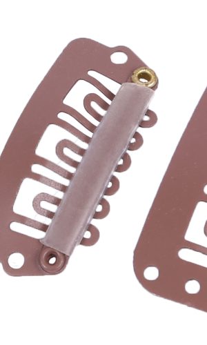 Set of three beige, black, and brown pressure-sensitive clips for wigs.