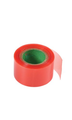 Red adhesive tape roll with green core for sealing and labeling.
