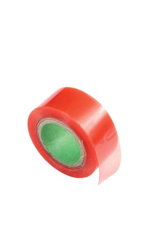 Red adhesive tape roll with green core for crafting and sealing.