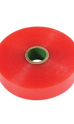 Red 1-inch wide liner tape roll on white background.