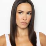 Natural straight brown wig with a sleek hairline for a realistic look.