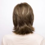 Back view of a layered brown wig with blonde highlights from Hidden Secrets Wigs.