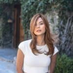 Beautiful woman with long, layered brown wig outdoors.