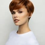 Red short layered wig styled for a modern look.