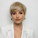 Elegant short blonde wig styled on a woman with makeup and jewelry.