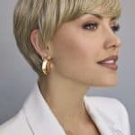 Elegant short blonde wig styled in a layered pixie cut for women.