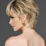 Short layered blonde wig with textured style for women.