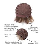 Comfort Cap for wigs with stretch material, open ear tabs, and adjustable nape fit.