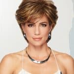 Stylish short wig for women with layered brown hair and highlights.